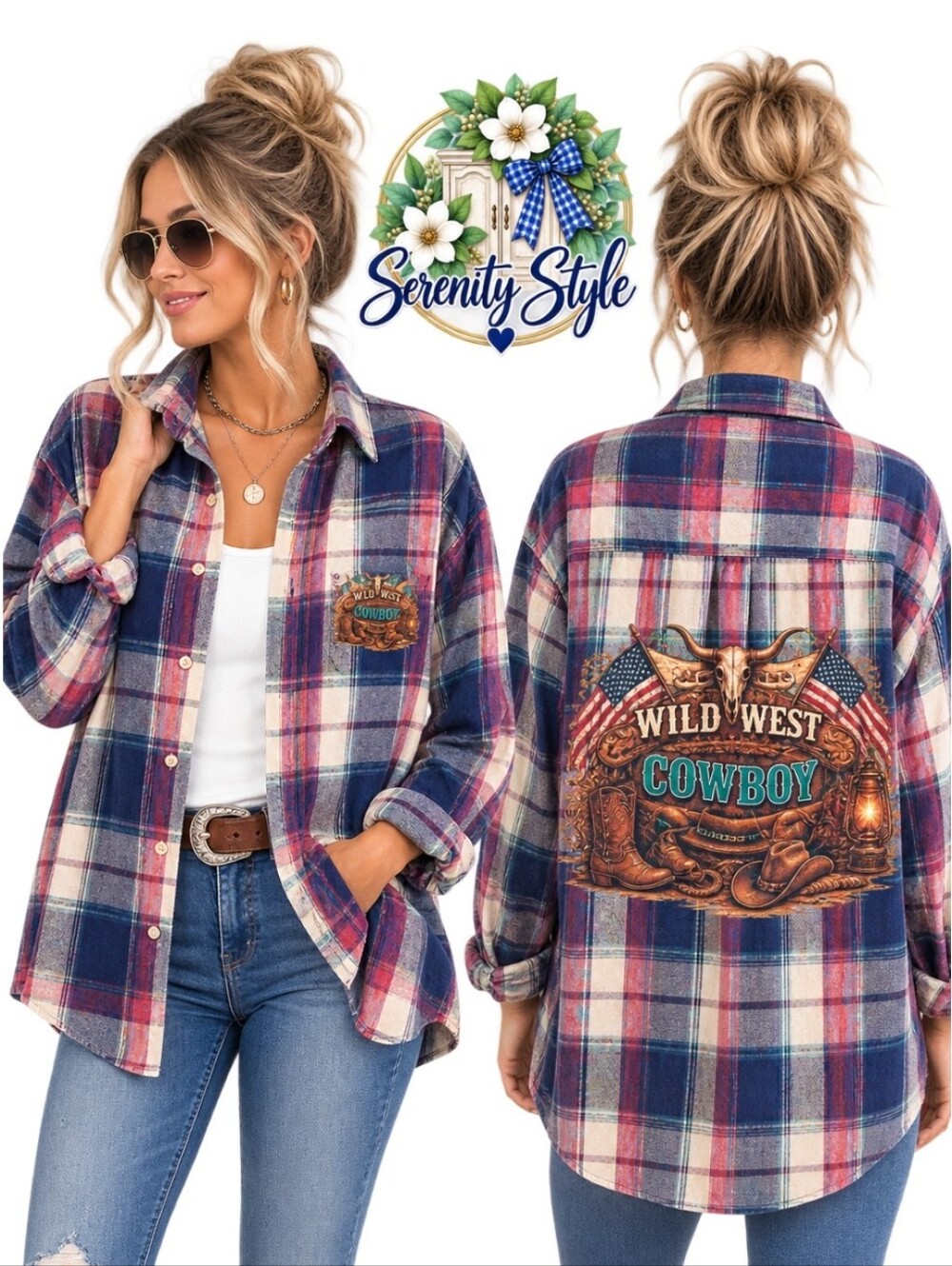 Wrangler Rugged Wear XXL Plaid Flannel Wild West Cowboy Graphic Shirt Upcycled